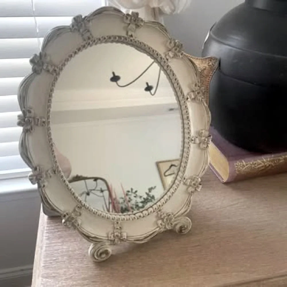 Vintage Syroco Inc Weathered Off White Easel Vanity  Oval Mirrored
